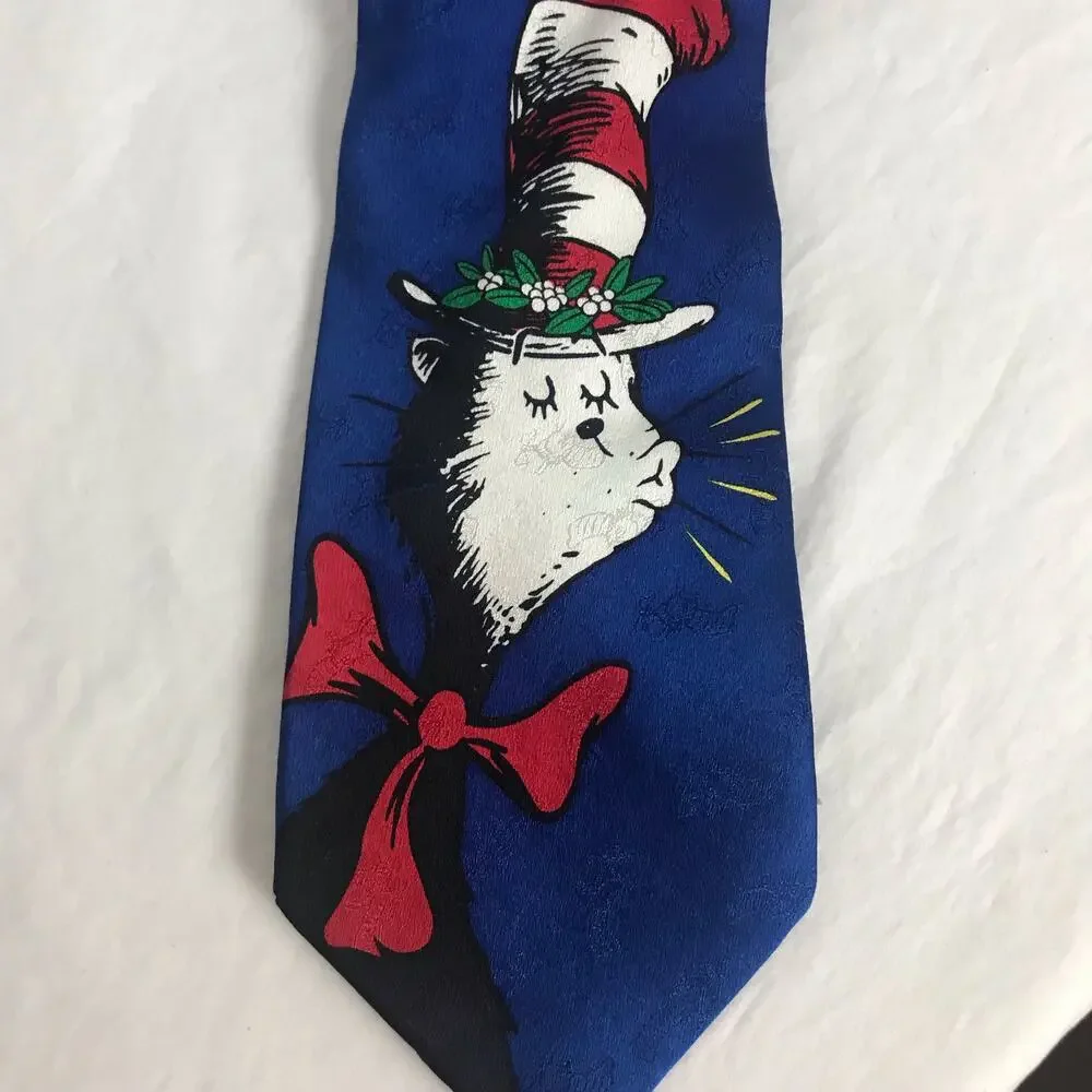Dr. Seuss The Cat In The Hat Blue 100% Silk Christmas Mistletoe Necktie Tie